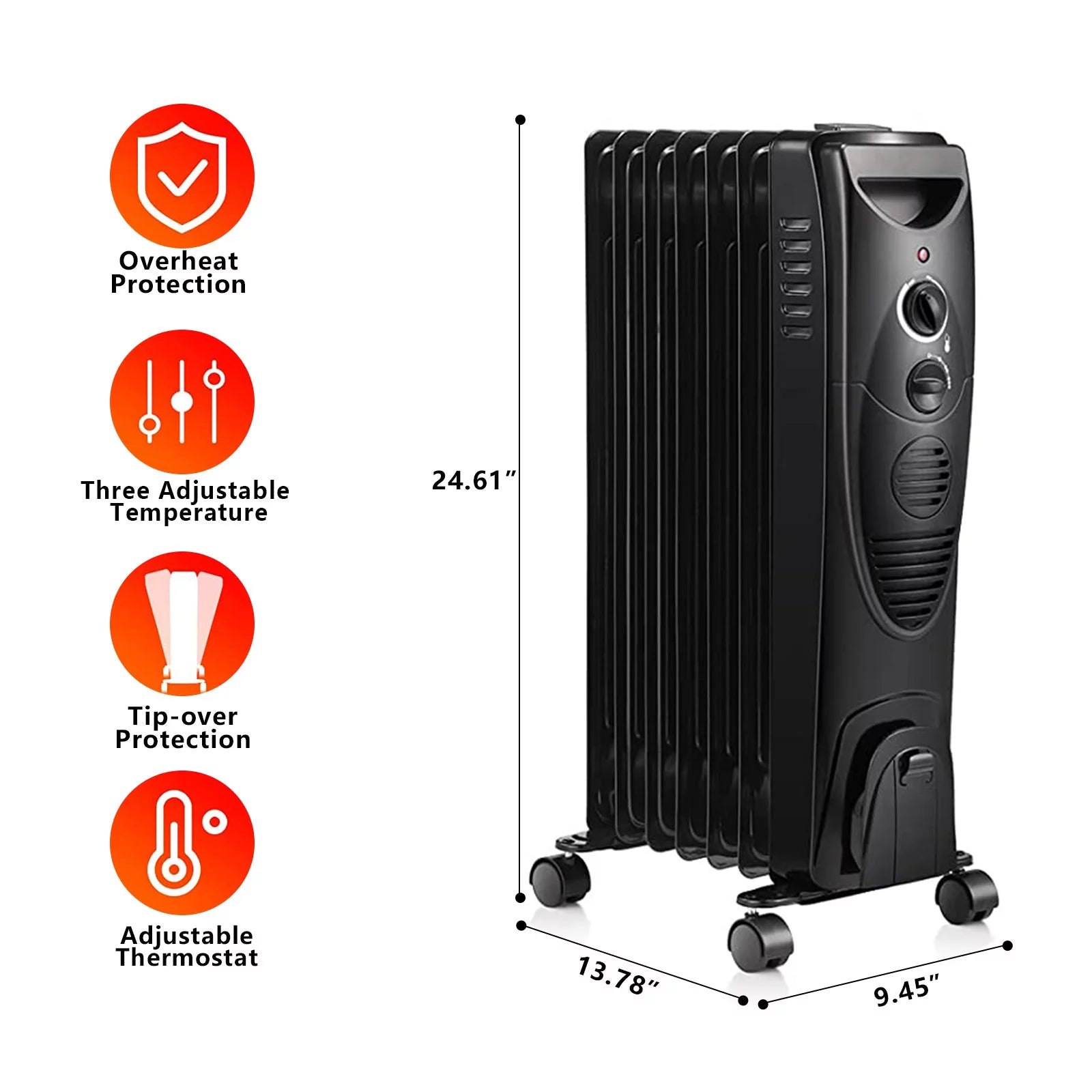 Oil Filled Radiator Heater, Portable Electric, 3 Heat Settings, Black H444601