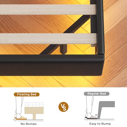 Floating Bed Frame with RGB LED Lights and USB Charging Ports, Linen Upholstered, Dark Gray I1369