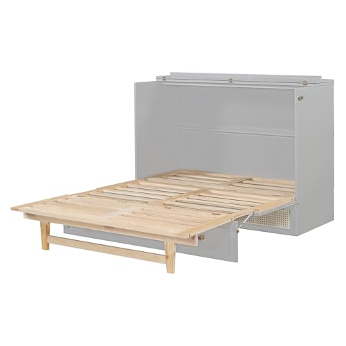 Queen Murphy Bed with Large Drawer, Foldable Wooden Bedframe R46368