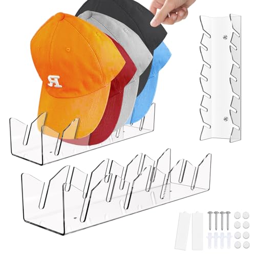 2 Pack Hat Stand for Baseball Caps,No Install Acrylic Hat Organizer for 14 Baseball Caps,Hat Holder Hat Storage Hat Display Baseball Cap Rack for Bedroom,Closet,Wall,Dresser,Office (Wave)