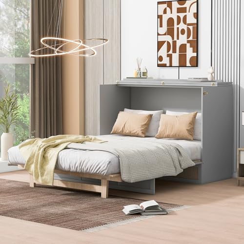 Queen Murphy Bed with Large Drawer, Foldable Wooden Bedframe R46368