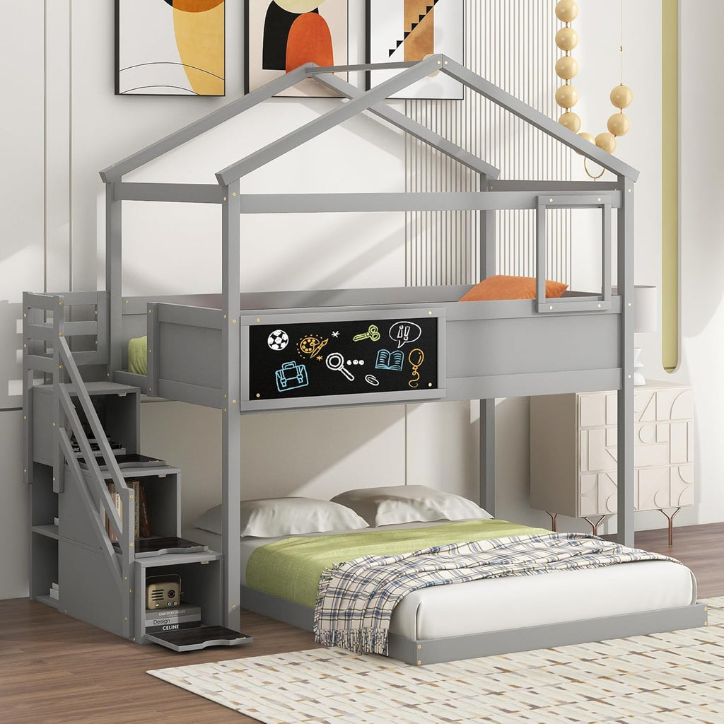 Twin Over Full Bunk Bed with Storage Stairs and Blackboard W837
