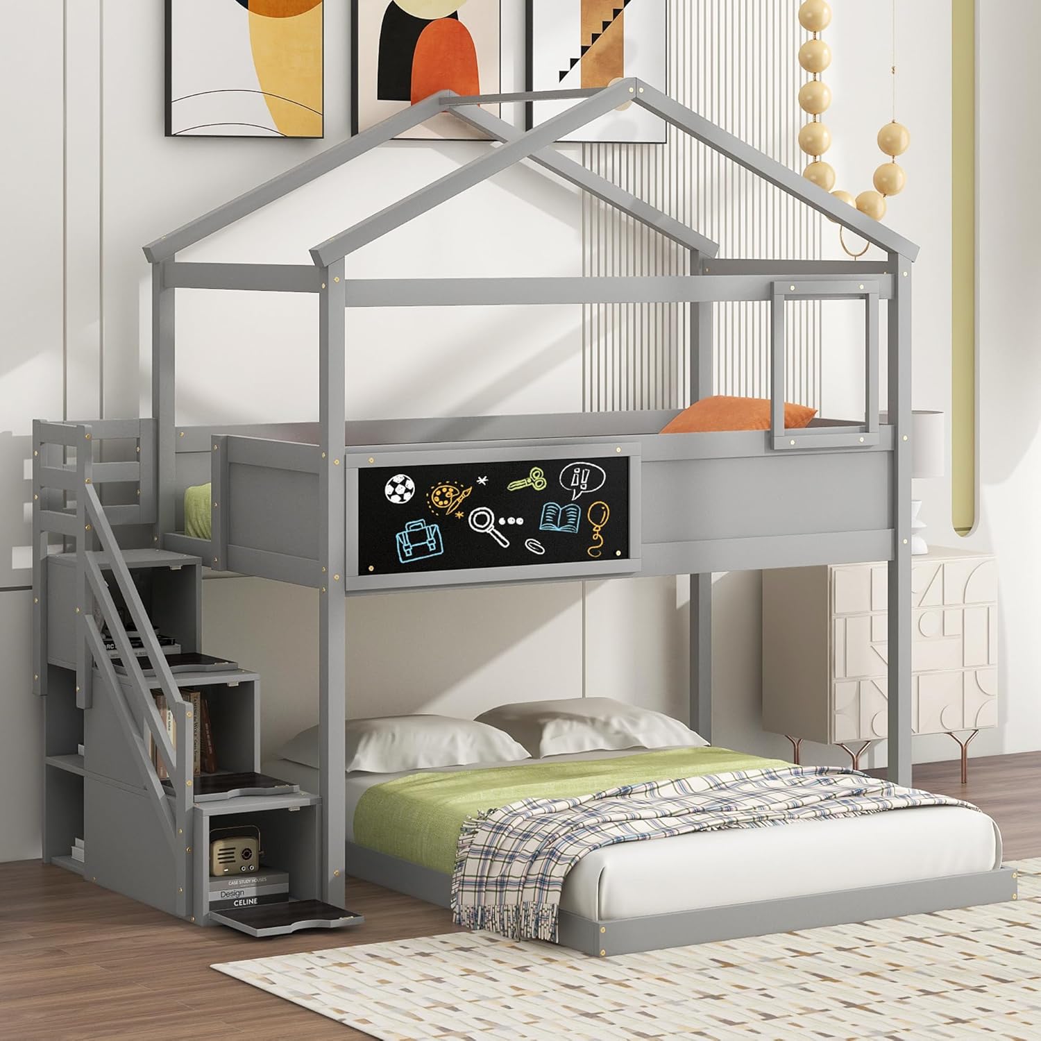 Twin Over Full Bunk Bed with Storage Stairs and Blackboard W837