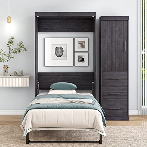 Twin Murphy Bed with Wardrobe and Storage Drawers, Wall Bed for Guest Room Home Office, Grey P7572