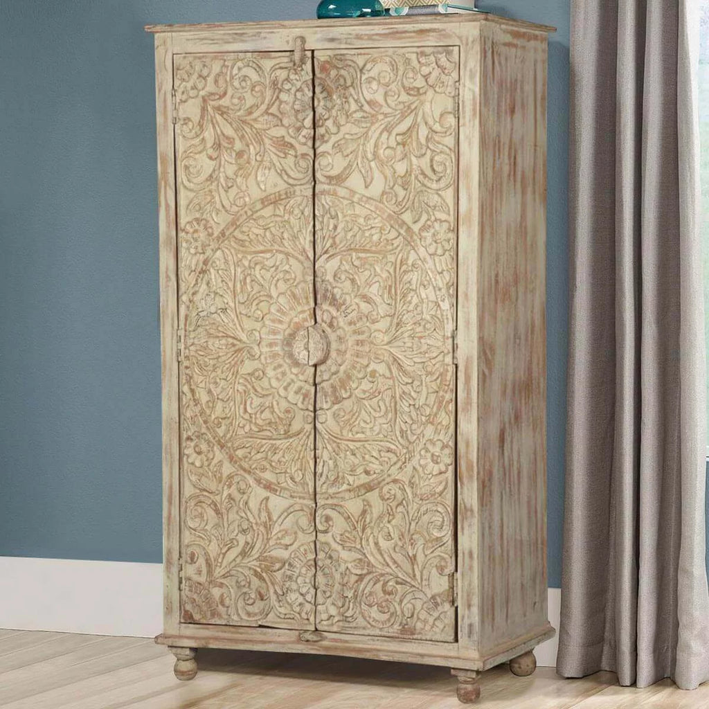 Hand Carved Solid Wood Distressed White Armoire with Shelves V522