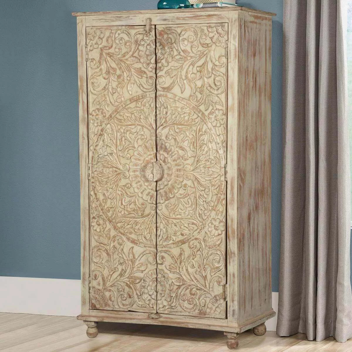 Hand Carved Solid Wood Distressed White Armoire with Shelves V522
