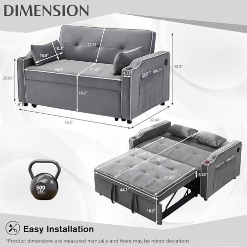 Convertible Sleeper Sofa Bed with Pull Out Bed, Adjustable Backrest, Gray H87271