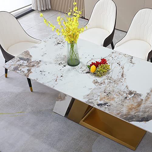 Sintered Stone Dining Table for 6-8, Rectangular with Gold Steel Base Q7198