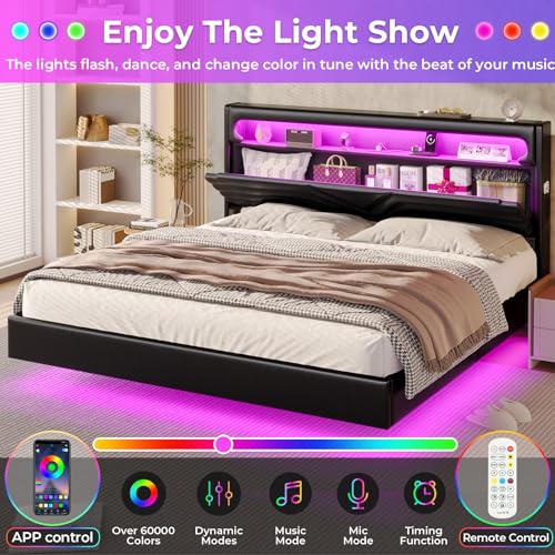 Floating Bed Frame with RGB LED Lights and USB Charging Ports, Linen Upholstered, Dark Gray I1369