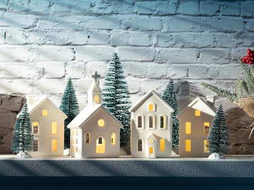 9 Pcs Christmas Village Figurines Set with Lighted Ceramic Houses and Trees O3990