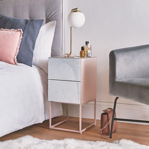Glass Small Nightstand with 2 Drawer, Marble Tall Bedside Table for Bedroom V50111