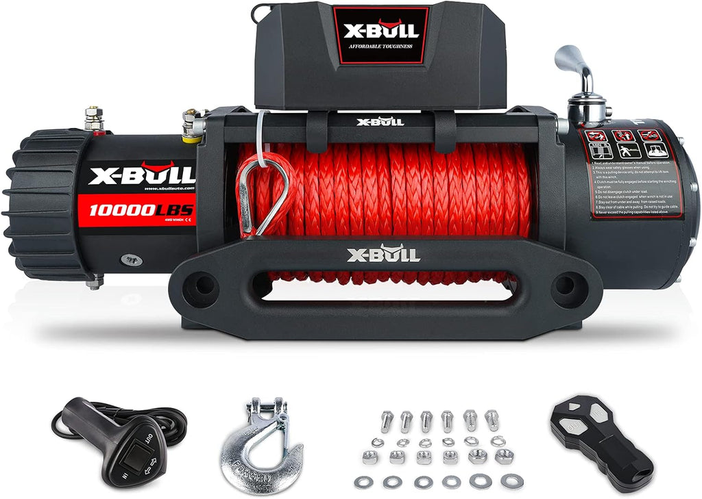 X-BULL 12V Synthetic Rope Winch-10000 lb. Load Capacity Electric Winch Kit,Waterproof IP67 Electric Winch with Hawse Fairlead, with Both Wireless Handheld Remote and Corded Control Recovery