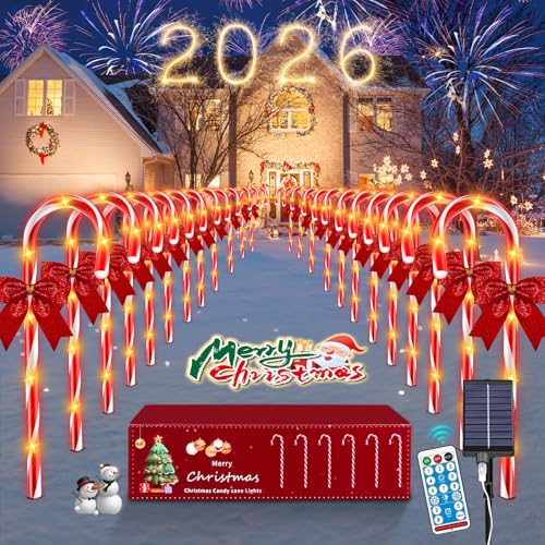 24 Pack Outdoor Christmas Candy Cane Lights 144LED Solar Pathway with Bowknot V1552