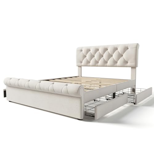 Upholstered Bed Frame with 4 Drawers and Adjustable Headboard A837467