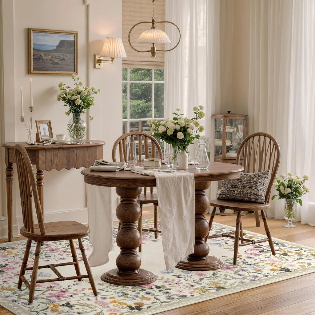 Washable Green Floral Area Rug 4x6, Non-Slip Low-Pile Indoor Carpet O8865