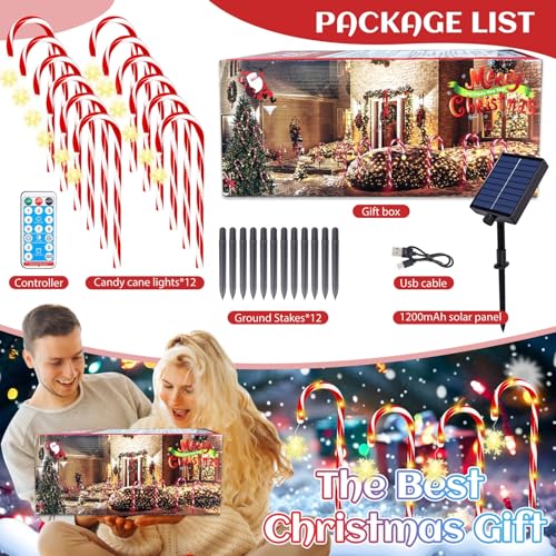 Solar Candy Cane Lights, 12 Pcs Christmas Outdoor Decor, 8 Modes, Timer, Waterproof X53809