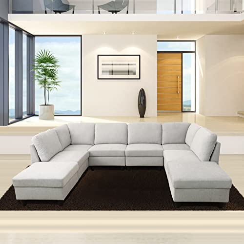 Beverly Fine Furniture Amoni 8 Piece U-Shape Modular Sectional Sofa, White Gray