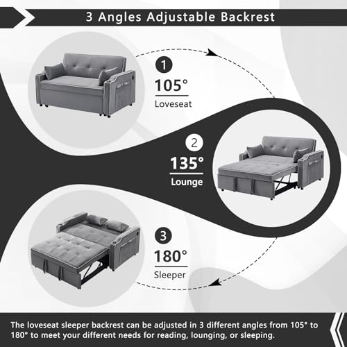 Convertible Sleeper Sofa Bed with Pull Out Bed, Adjustable Backrest, Gray H87271