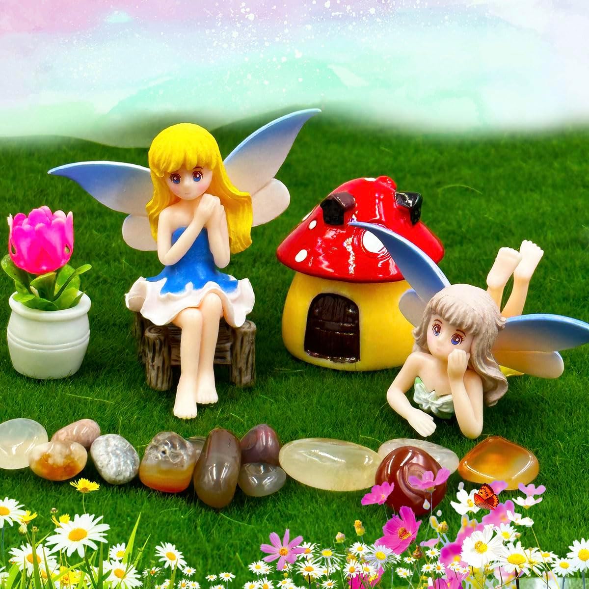 Miniature Fairy Figurines - 4Pcs Resin Flower Fairies for Garden, Bonsai & Dollhouse Decor X859
