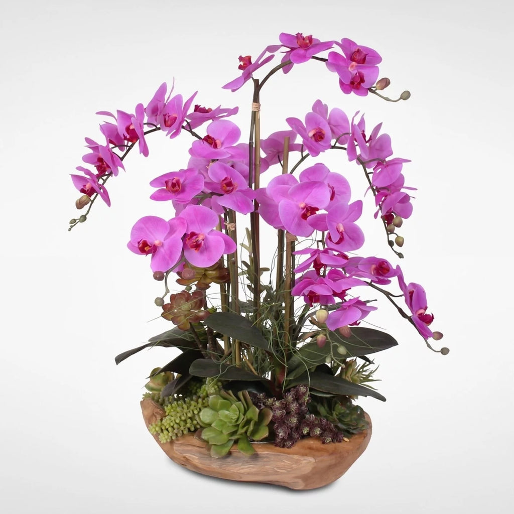 Silk Orchids with Succulents in Natural Wood Bowl Z4979