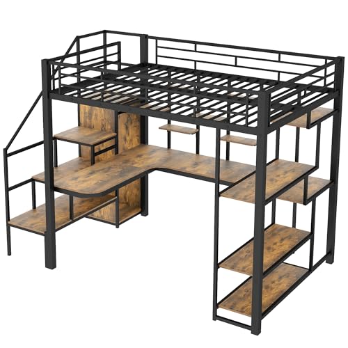 Full Size Metal Loft Bed with Storage Staircase and Desk I161867