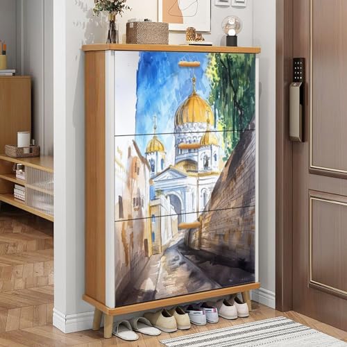 3 Drawer Shoe Cabinet, Artistic Shoe Cabinet, Paris Watercolor Sketch Parisian Streets Houses Tower Street cafes Wood Shoe Rack Organizer for Entryway Slim (31.5”W x 9.45”D 46”H)