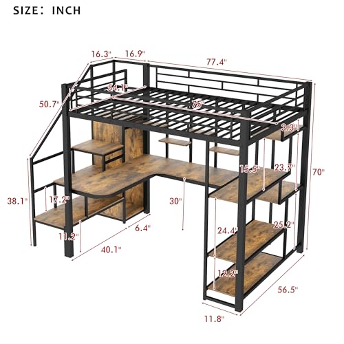 Full Size Metal Loft Bed with Storage Staircase and Desk I161867