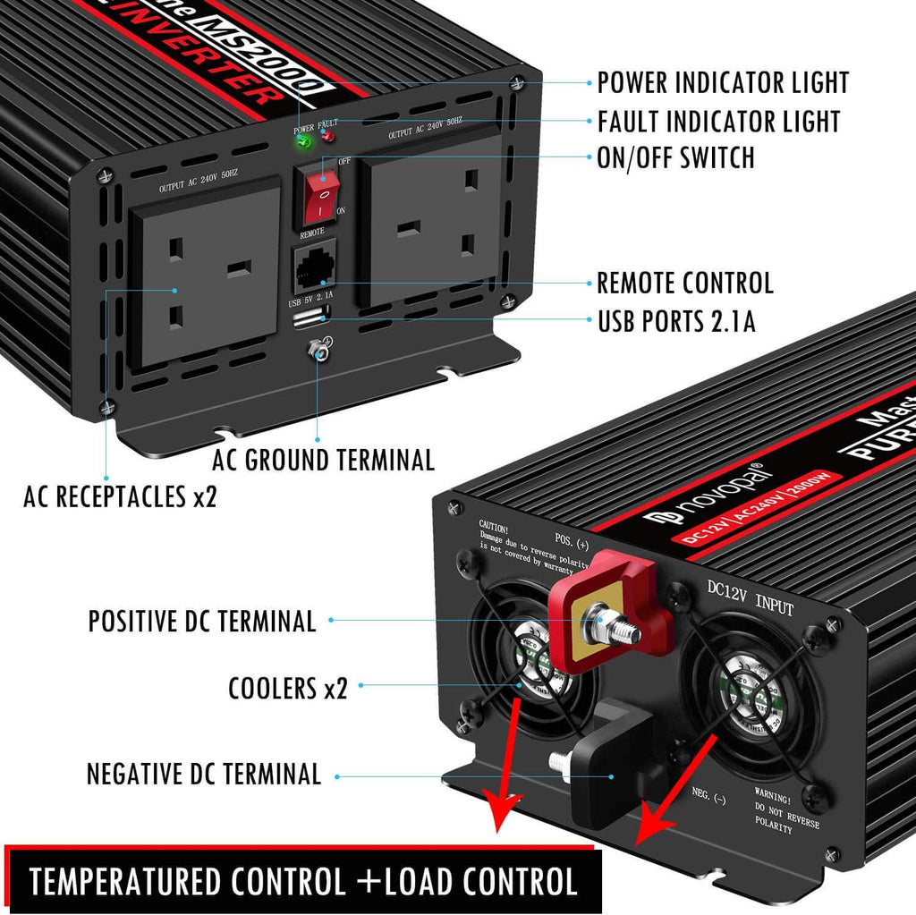 Power Inverter Pure Sine Wave 2000W 24V DC to 120V AC Car Converter with Remote Control B194
