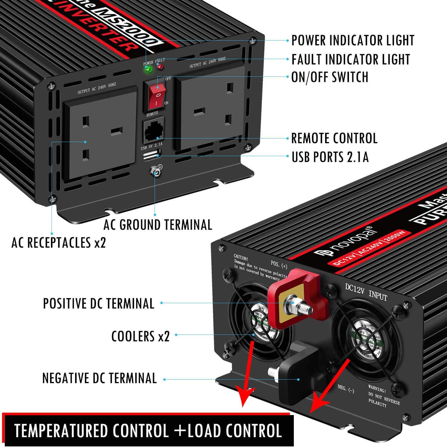 Power Inverter Pure Sine Wave 2000W 24V DC to 120V AC Car Converter with Remote Control B194