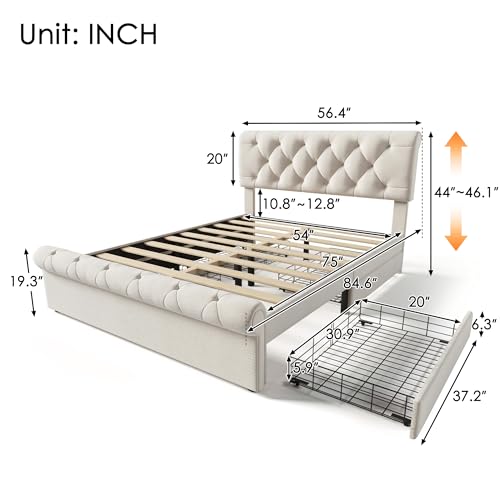 Upholstered Bed Frame with 4 Drawers and Adjustable Headboard A837467
