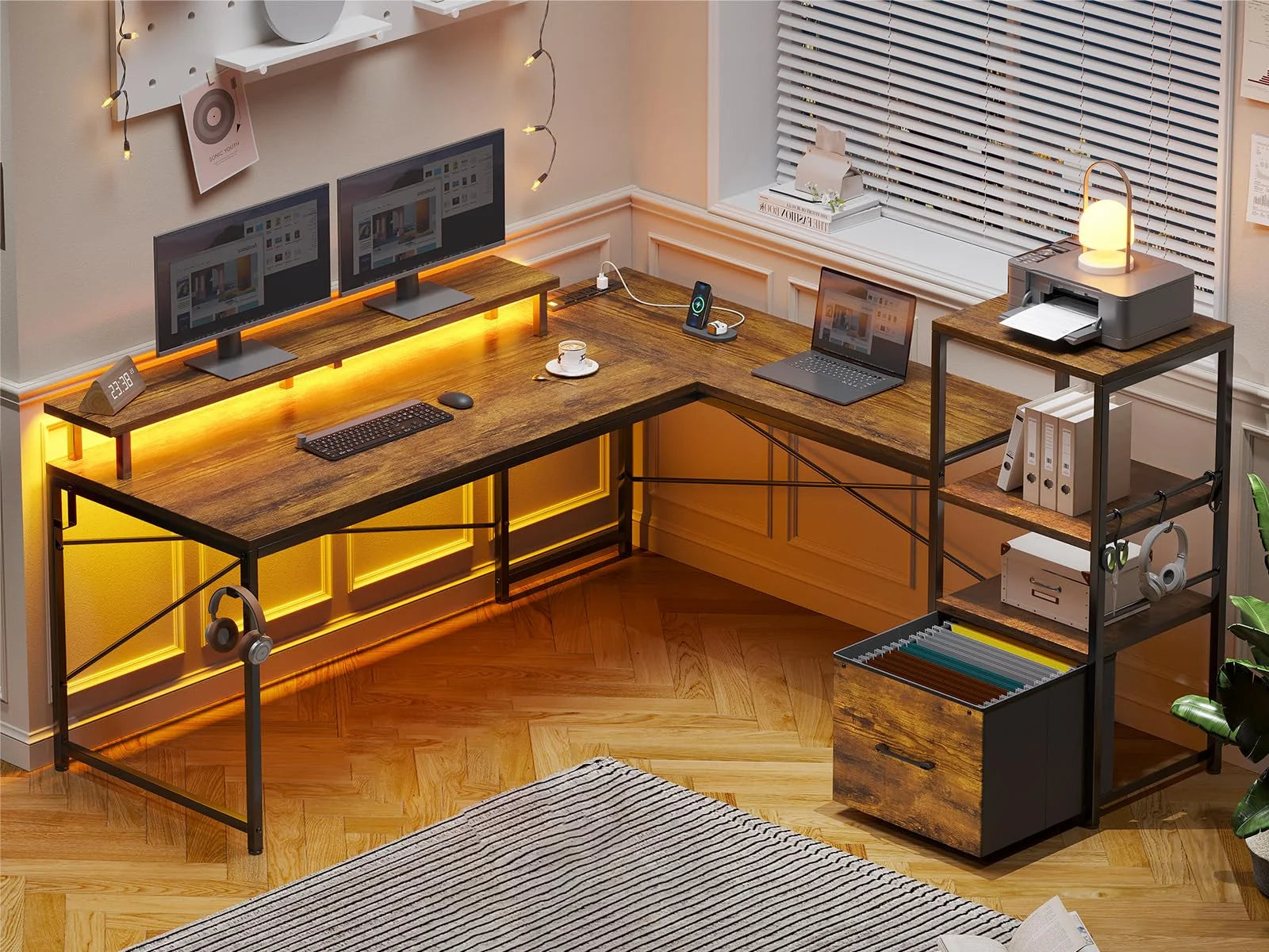 L Shaped Desk with Power Outlets and LED Lights, Rustic Brown C128