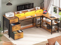 L Shaped Desk with 2 File Drawer and Power Outlet, Corner Computer Desk with LED Lights, Rustic Brown