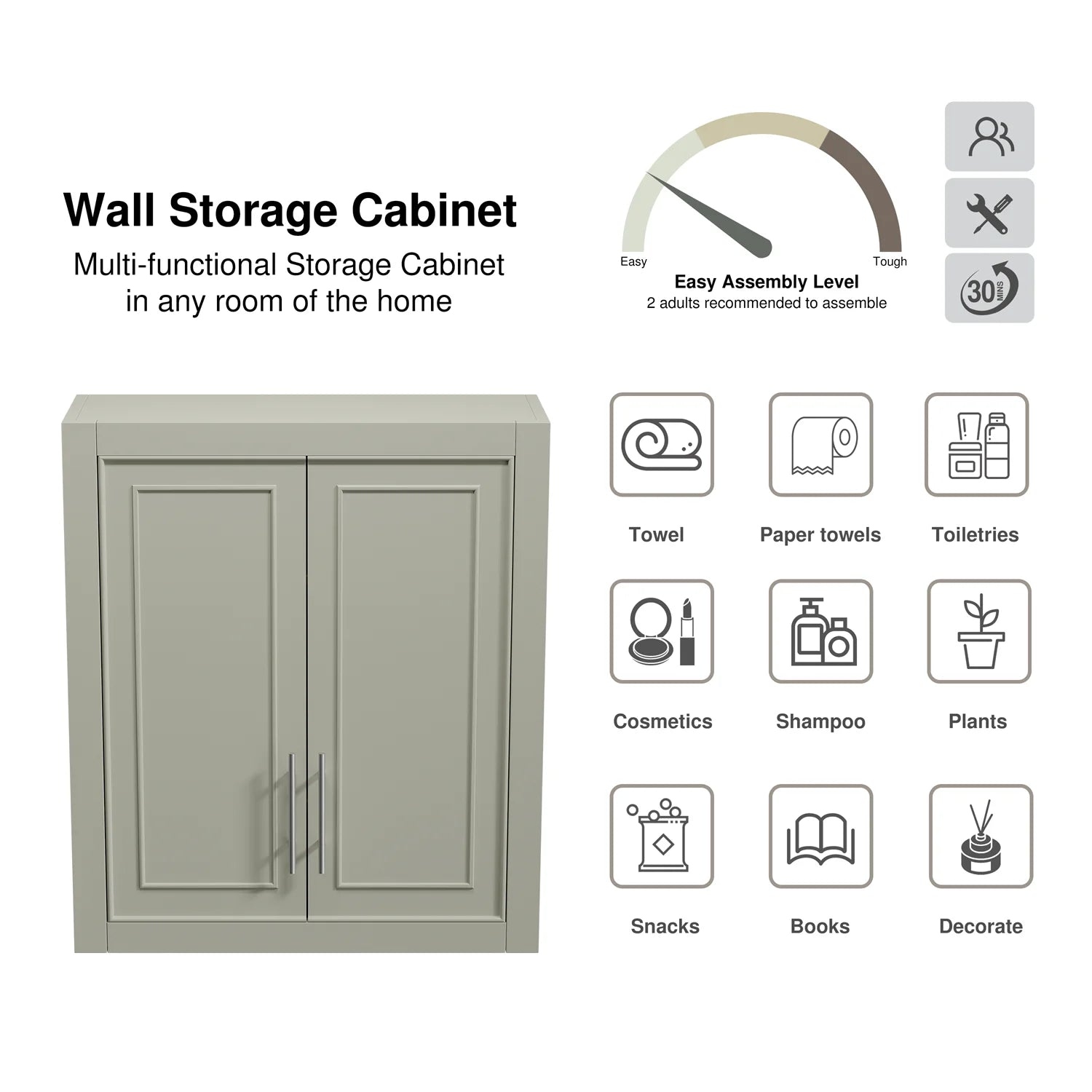 26"x22"x8" Modern Rectangle Wall Mounted Storage Cabinet for Bathroom, Gray M72628