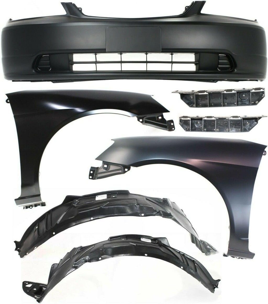 7pcs Front Steel/Plastic Bumper Cover Kit with Quarter Panel Without Molding Holes for Honda for Civic DX/EX//HX/LX 01-03 Primed Auto Body Repair-Part Name HO1241153 HO1066114