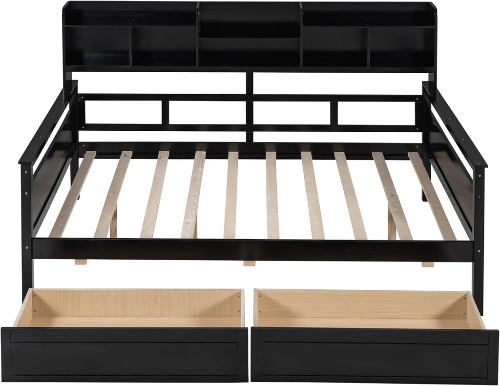 Wood Daybed with 2 Storage Drawers and Bedside Shelves O7841