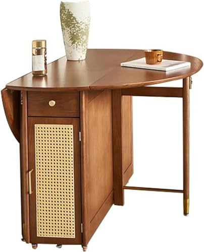 Folding Dining Table, Convertible Wood Round Dining Table for Kitchen/Farmhouse/Living Room, Space Saving Rattan Weaving Dining Room Table with Storage Space