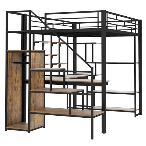 Full Size Metal Loft Bed with Storage Staircase and Desk I161867