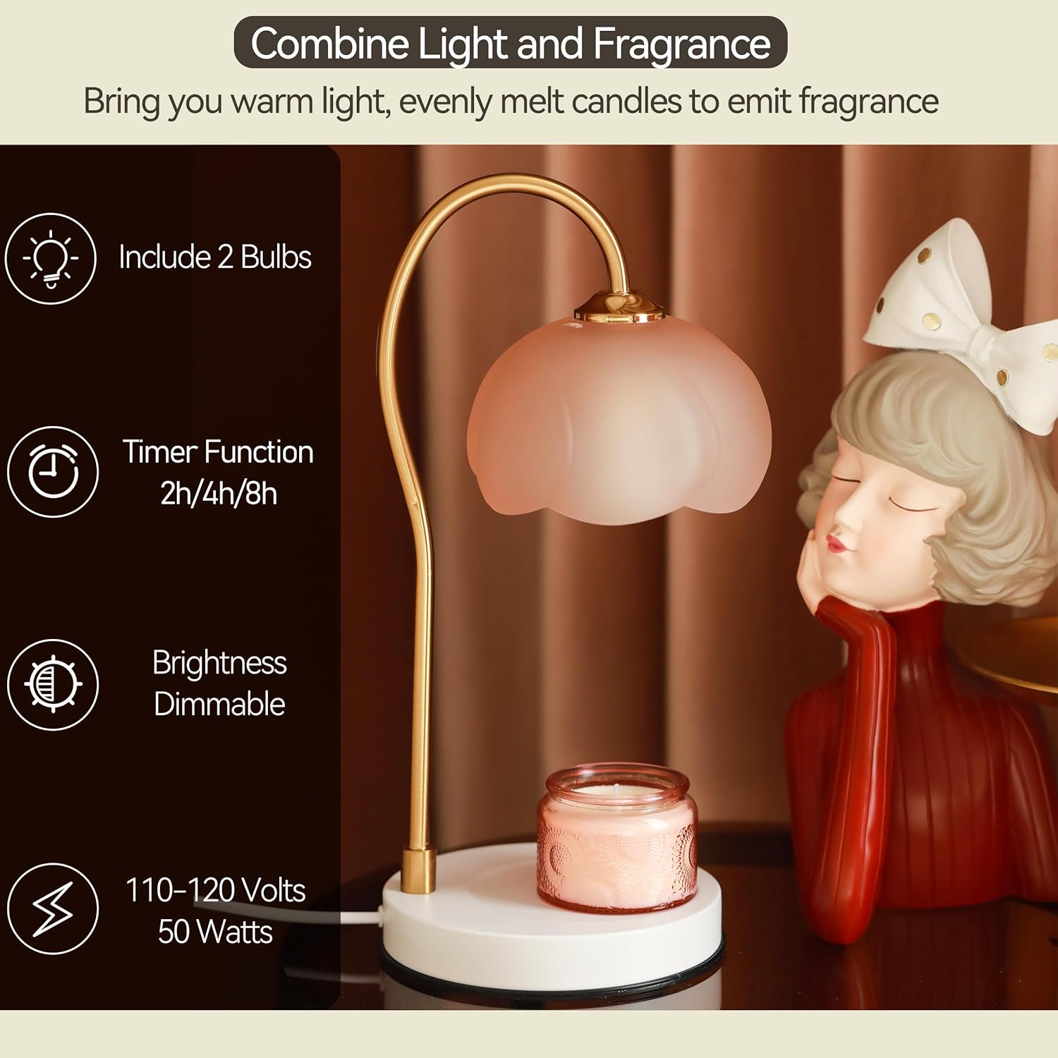 Candle Warmer Lamp with Timer & Dimmer for Large Jar Candles, 2 Bulbs F201