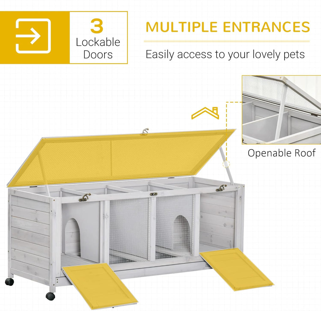 Wooden Rabbit Hutch with Wheels, Openable Roof, Removable Trays H633