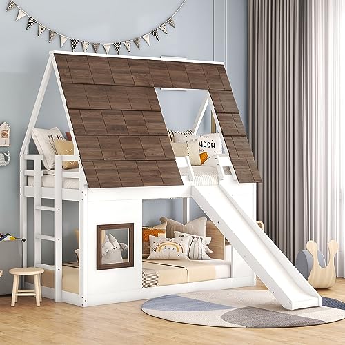 Twin-Over-Twin House Bunk Bed with Storage, Wooden Bunk Beds Frame with Staircase Compatible with, Teens, No Box Spring Needed(Gray+White) ，Queen Bed, YY-991