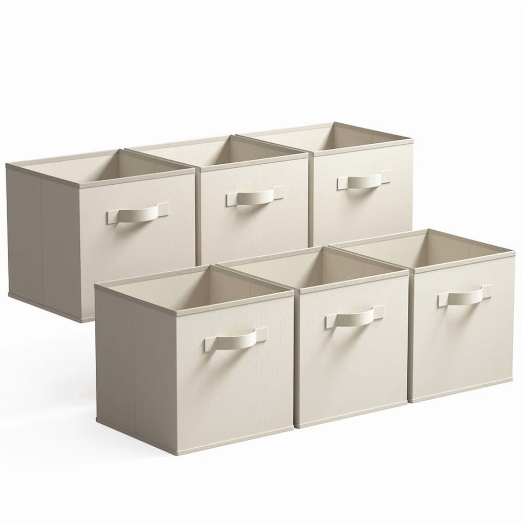 13 Inch Fabric Storage Cubes - Sturdy Collapsible Storage Bins &amp; Handle，Storage Organizer for Organizing, Beige Storage Baskets, 6-Pack