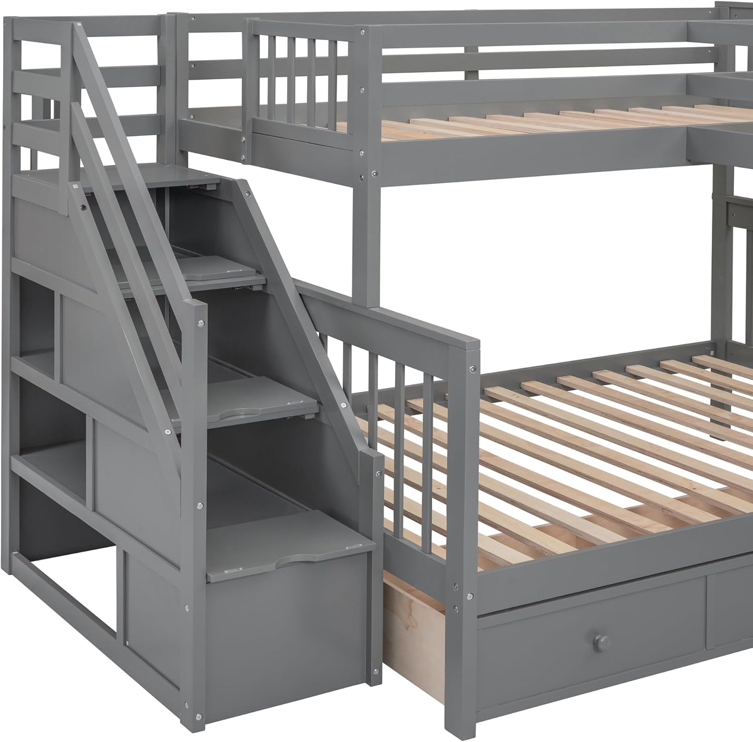 Twin Over Full Wooden Bunk Bed with Stairs, Desk, Storage and Wardrobe D3913