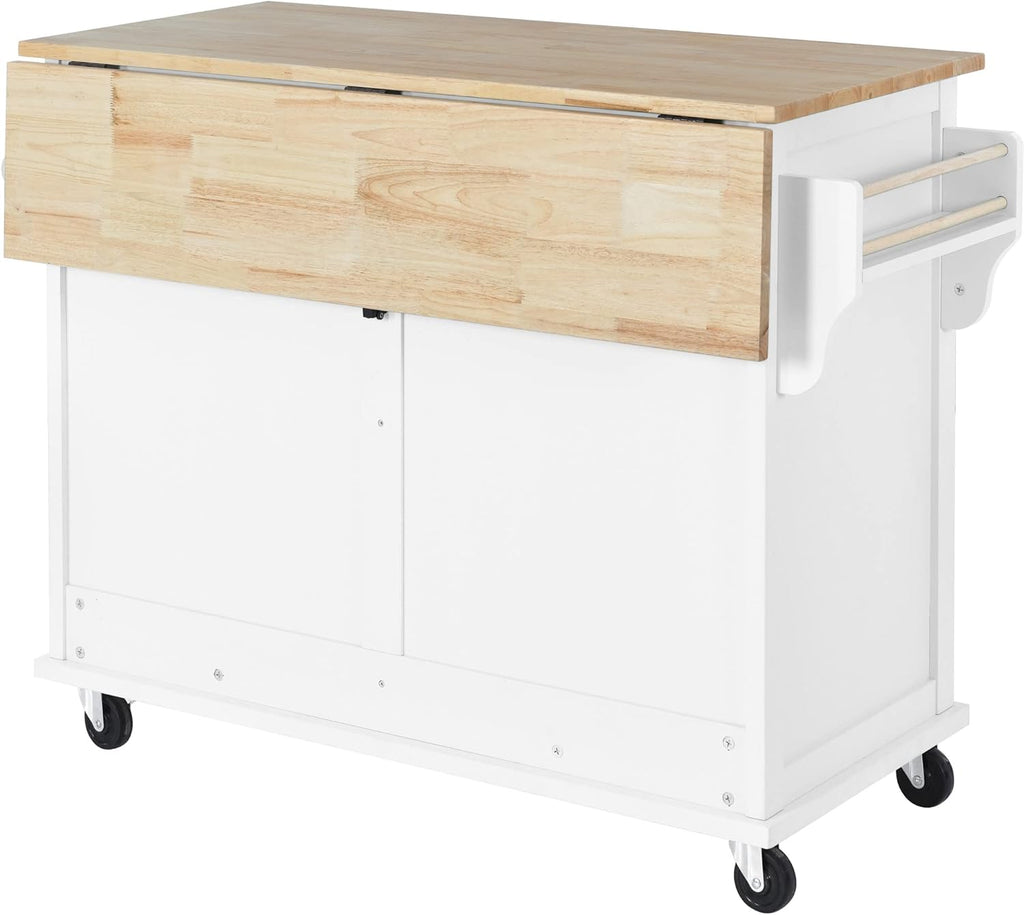 Mobile Kitchen Island Cart with Spice Rack and Towel Rack, Rolling with Drop Leaf, 2 Drawers and Sliding Barn Doors B9917
