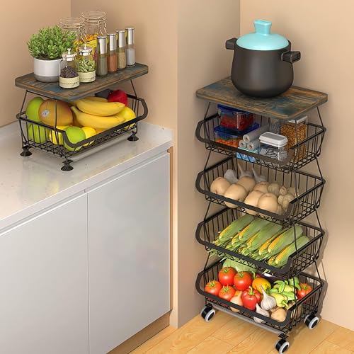 5 Tier Stackable Metal Wire Storage Basket with Wheels O2410