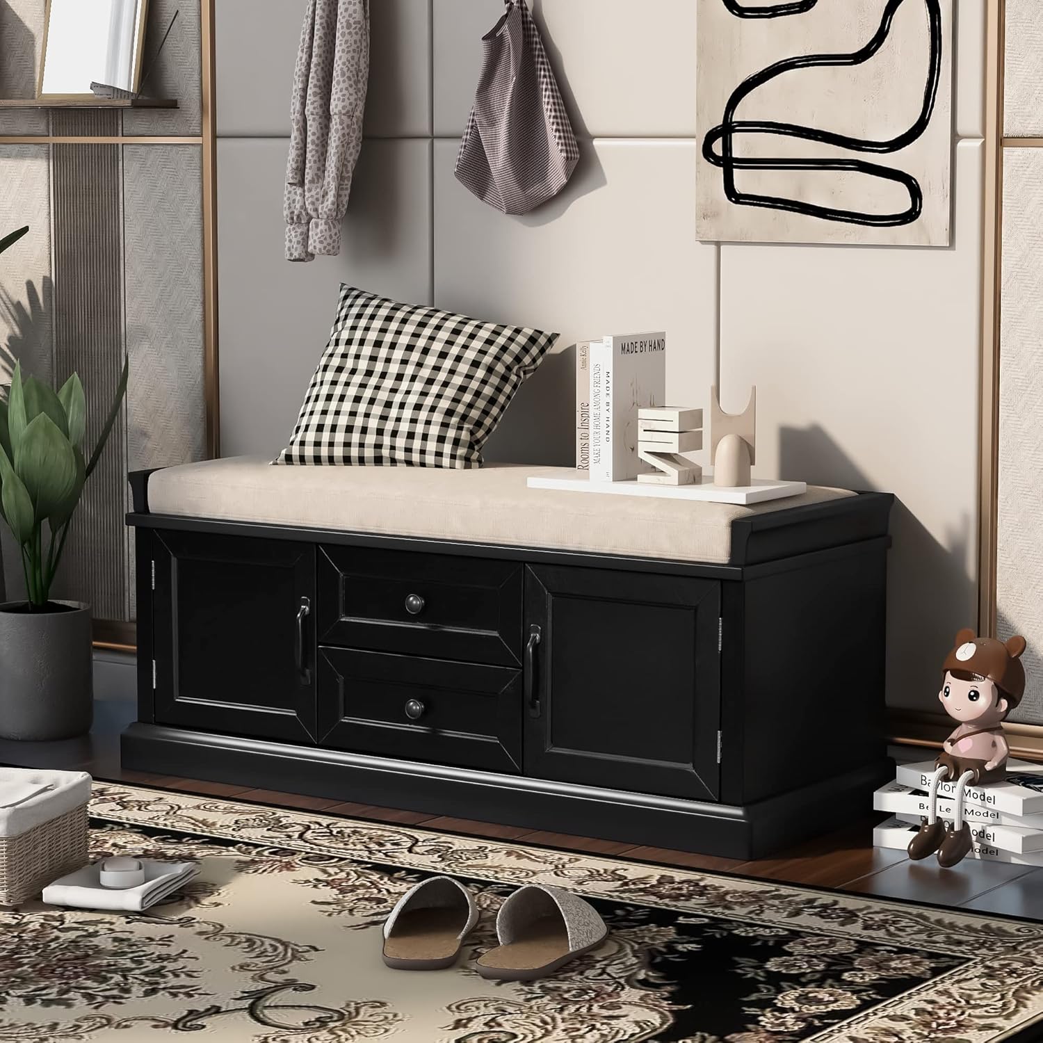 Storage Bench with 2 Drawers and 2 Cabinets, Removable Cushion, Black H95062