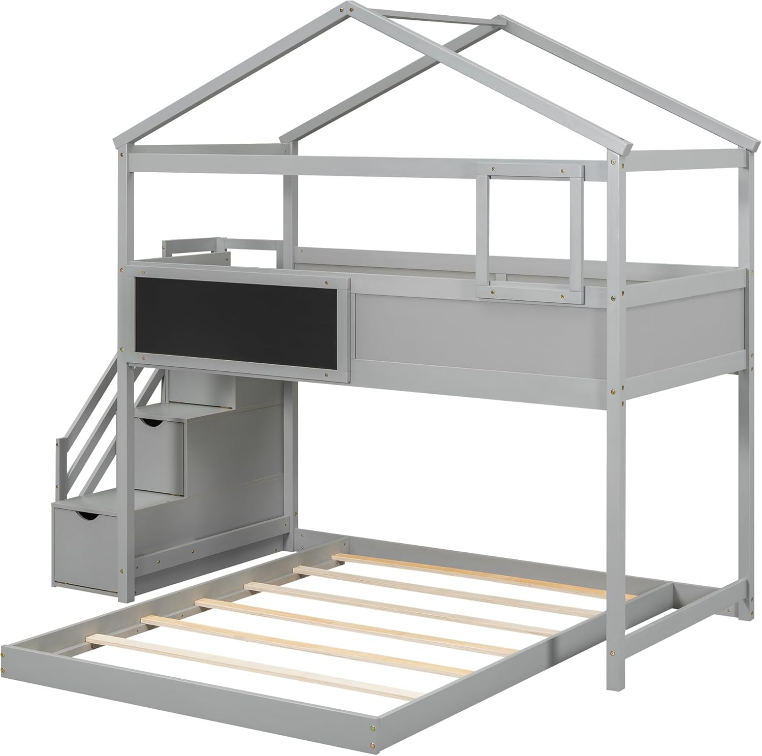Twin Over Full Bunk Bed with Storage Stairs and Blackboard W837