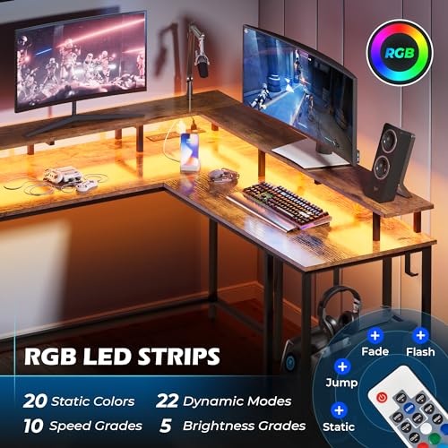 L Shaped Gaming Desk with Power Outlets and LED Lighting E491702