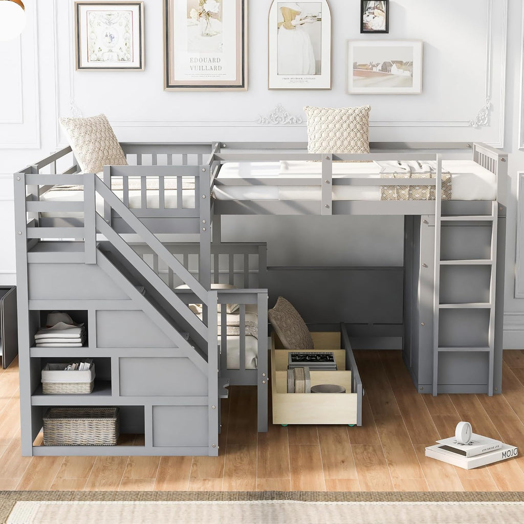 Triple Bunk Bed with Stairs, Storage, Desk and Wardrobe, Gray Z684334