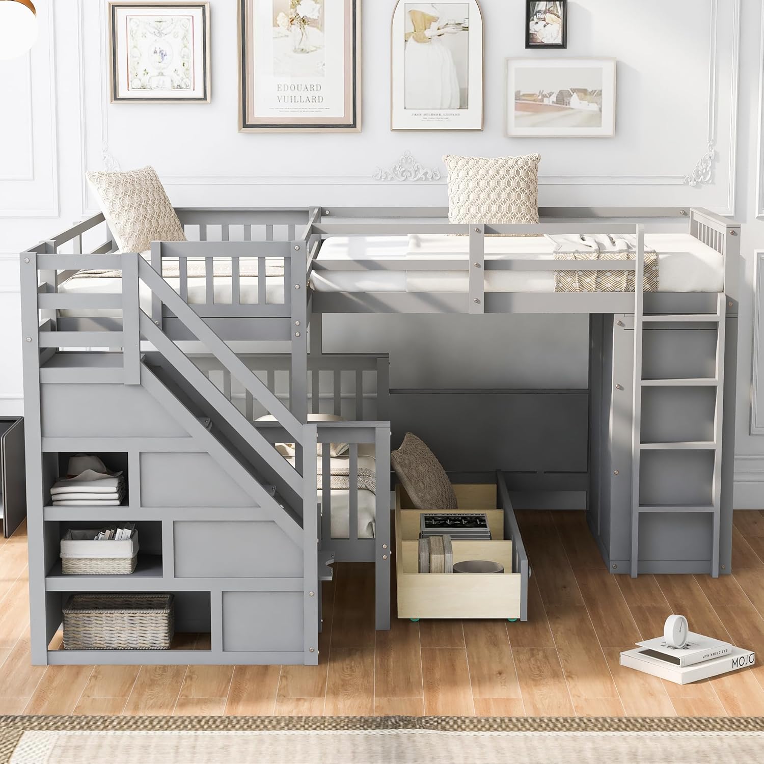 Twin Over Full Wooden Bunk Bed with Stairs, Desk, Storage and Wardrobe D3913