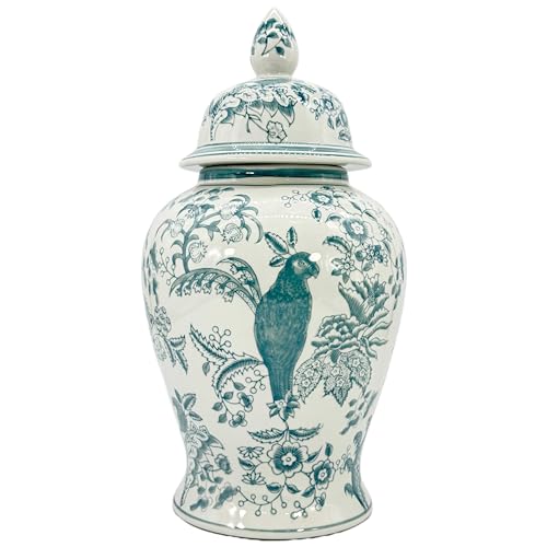 Galt International Blue & White Floral Palm Pattern Ceramic Ginger Jar 18" w/Lid - Temple Jar Home & Kitchen Decor for Interior Design